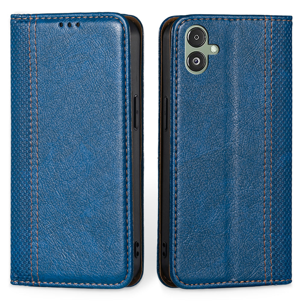 For Samsung Galaxy F14 5G Anti-Scratch Phone Case Plaid Pattern PU Leather Magnetic Stand Card Slot Cover