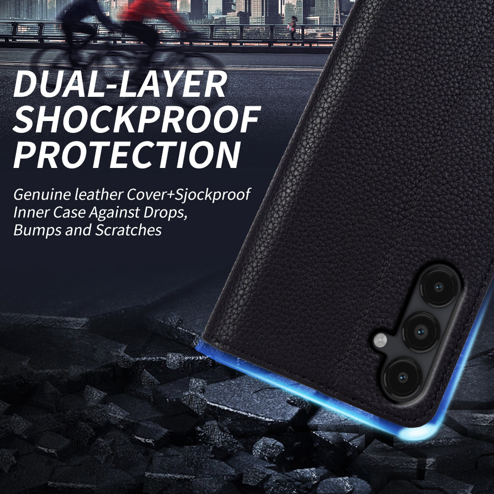 For Samsung Galaxy A14 5G Wallet Case Litchi Texture Genuine Cow Leather Stand Phone Cover