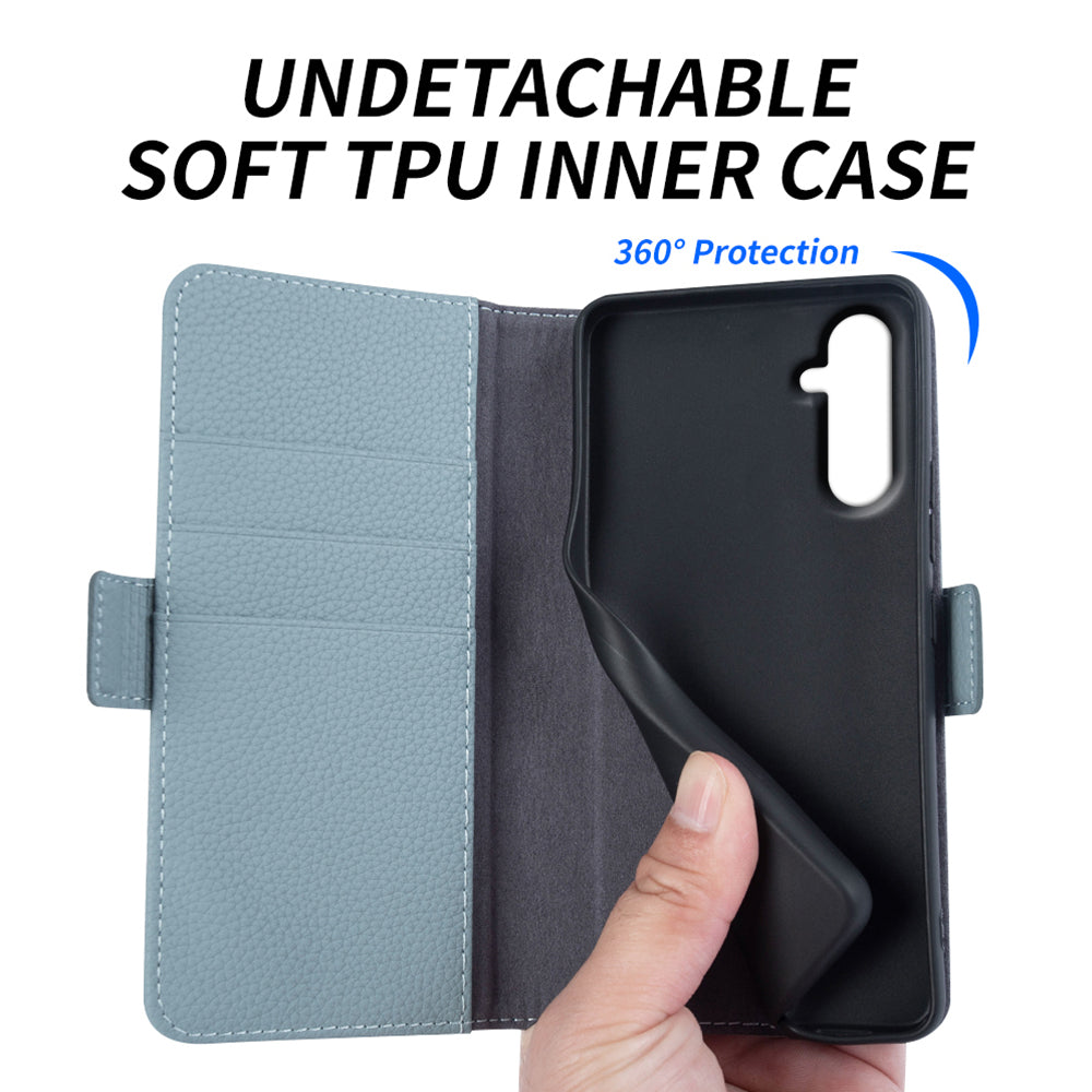 For Samsung Galaxy A14 5G Wallet Case Litchi Texture Genuine Cow Leather Stand Phone Cover