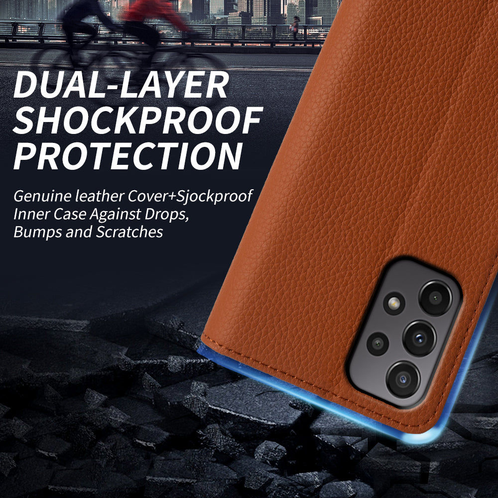 For Samsung Galaxy A23 4G / A23 5G (Global Version) Litchi Texture Wallet Case Genuine Cow Leather Stand Phone Cover