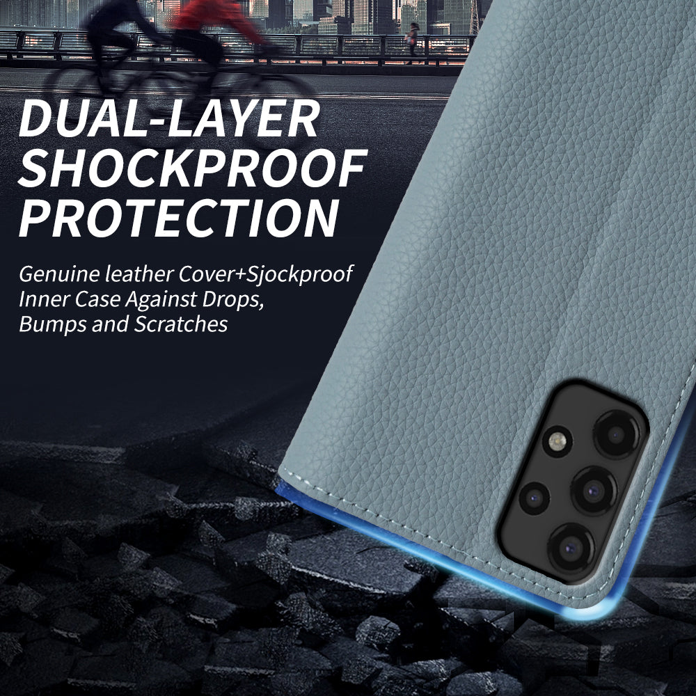 For Samsung Galaxy A13 4G Litchi Texture Anti-drop Wallet Case Genuine Cow Leather Stand Phone Cover
