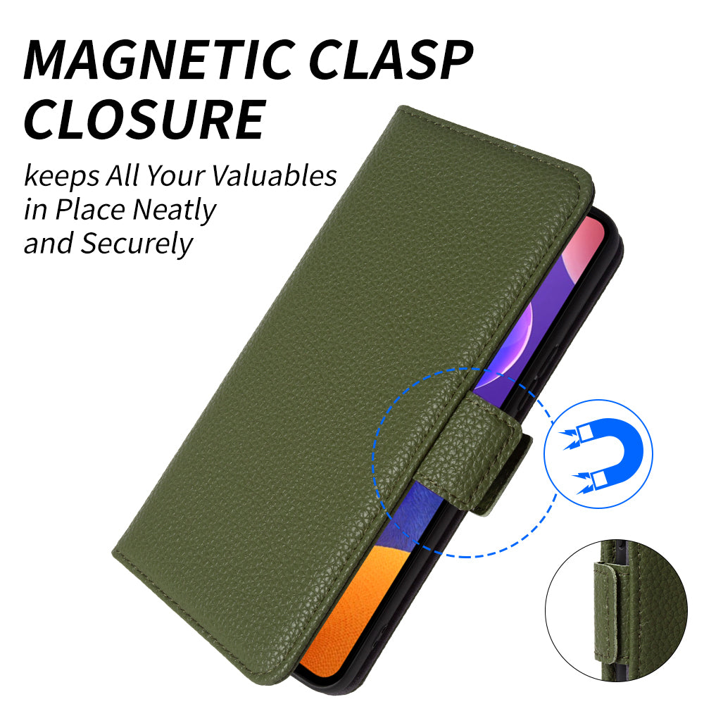 Til Samsung Galaxy A22 5G (EU-version) Litchi Texture Stand Case Ægte kolæder telefonpung cover