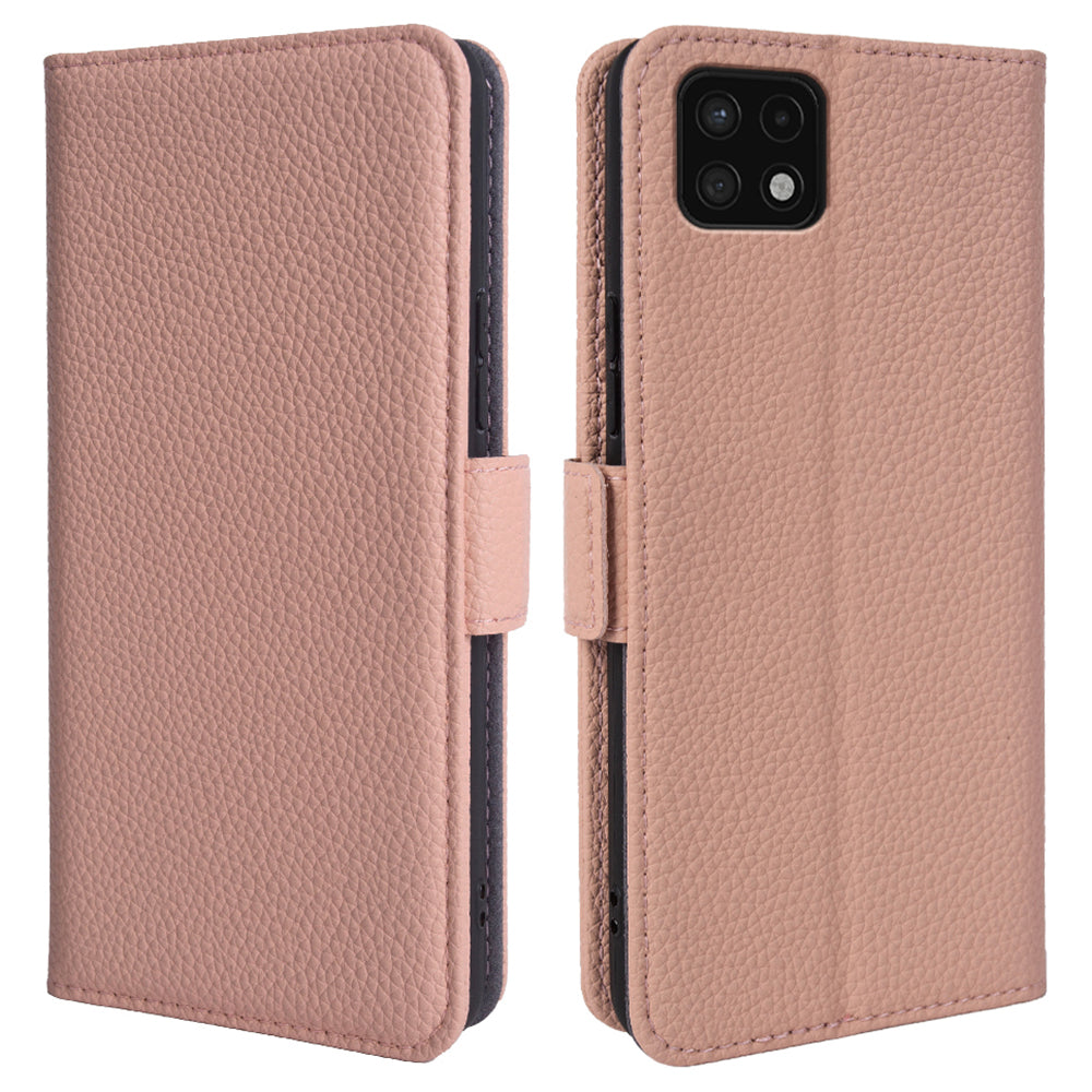 Til Samsung Galaxy A22 5G (EU-version) Litchi Texture Stand Case Ægte kolæder telefonpung cover