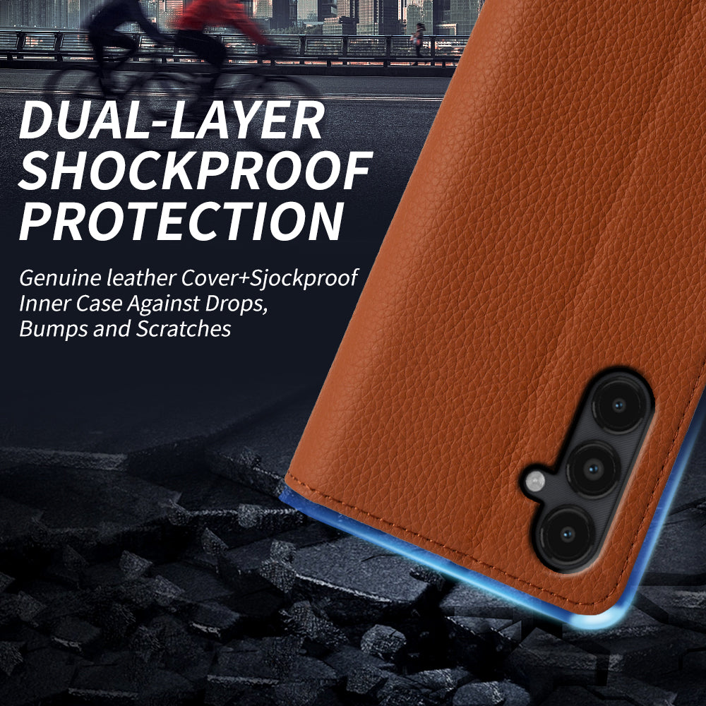 For Samsung Galaxy A13 5G Litchi Texture Phone Wallet Cover Stand Case Genuine Cow Leather Shell