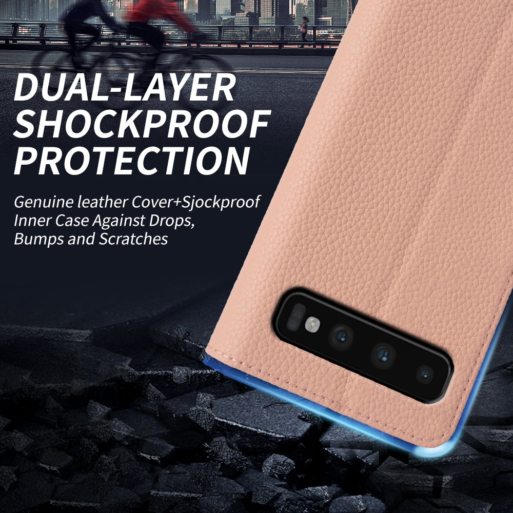 For Samsung Galaxy S10 Plus Anti-scratch Litchi Texture Genuine Cow Leather TPU Phone Wallet Stand Case