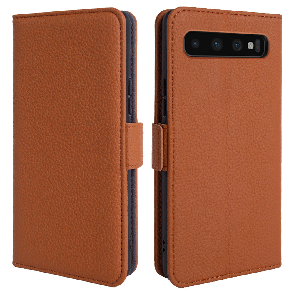 For Samsung Galaxy S10 Plus Anti-scratch Litchi Texture Genuine Cow Leather TPU Phone Wallet Stand Case
