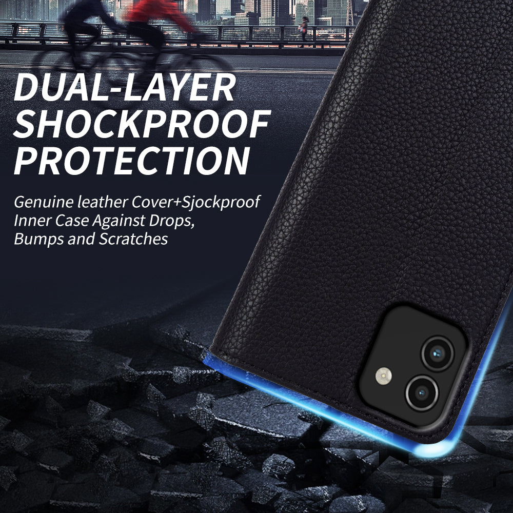 For Samsung Galaxy A03 (164.2 x 75.9 x 9.1mm) Litchi Texture Wallet Stand Cover Genuine Cow Leather TPU Phone Case