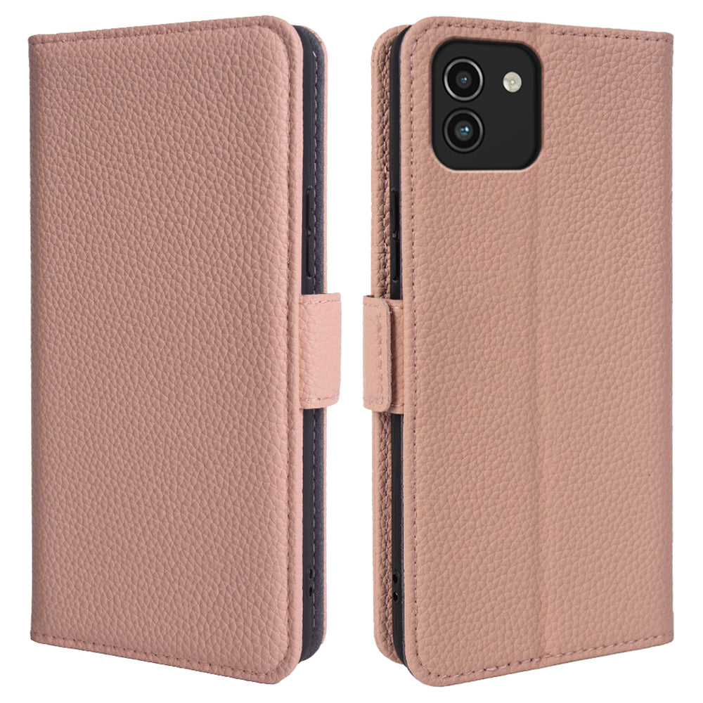 For Samsung Galaxy A03 (164.2 x 75.9 x 9.1mm) Litchi Texture Wallet Stand Cover Genuine Cow Leather TPU Phone Case