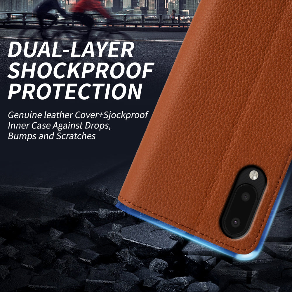 Stand Cover for Samsung Galaxy A02 / M02 Litchi Texture Wallet Genuine Cow Leather TPU Phone Case