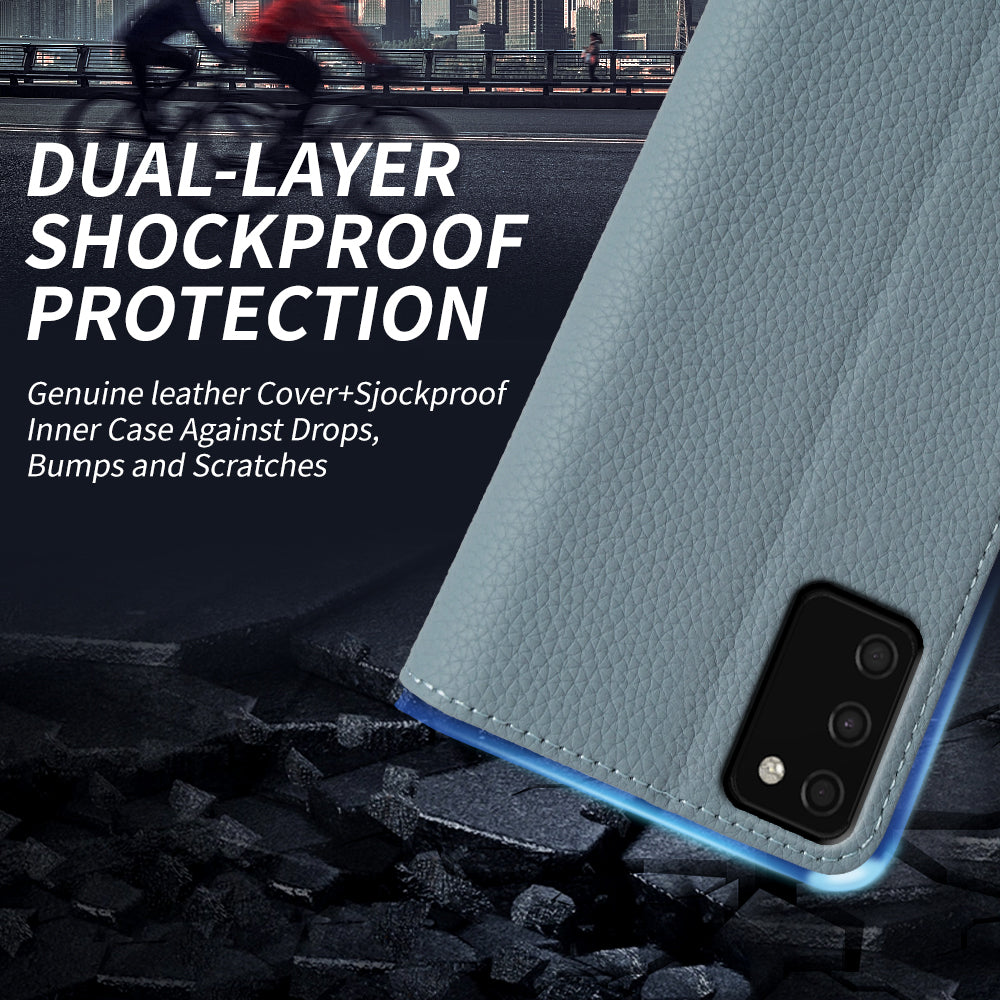 Litchi Texture Cover for Samsung Galaxy A03s (166.5 x 75.98 x 9.14mm) Wallet Stand Genuine Cow Leather TPU Phone Case