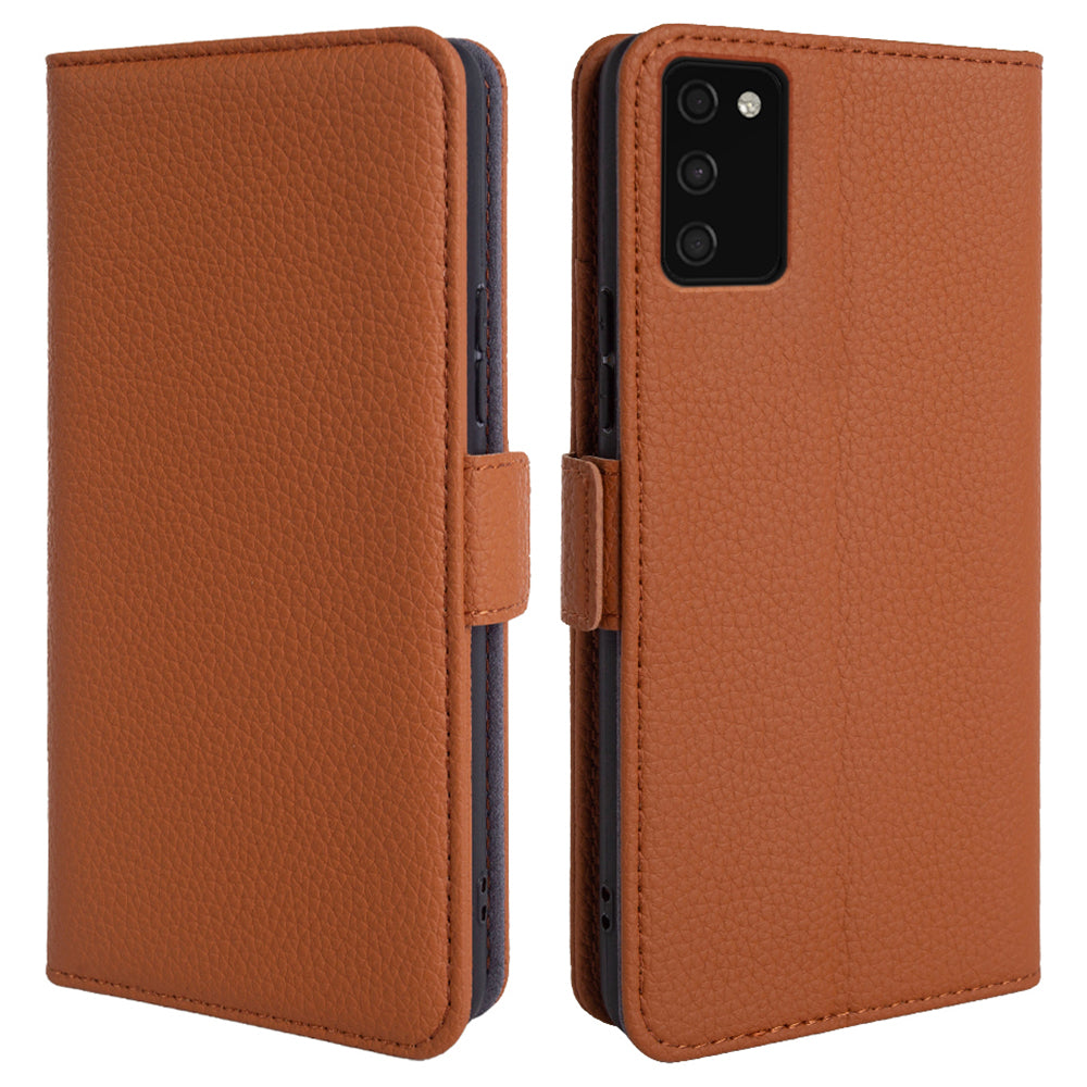 Litchi Texture Cover for Samsung Galaxy A03s (166.5 x 75.98 x 9.14mm) Wallet Stand Genuine Cow Leather TPU Phone Case