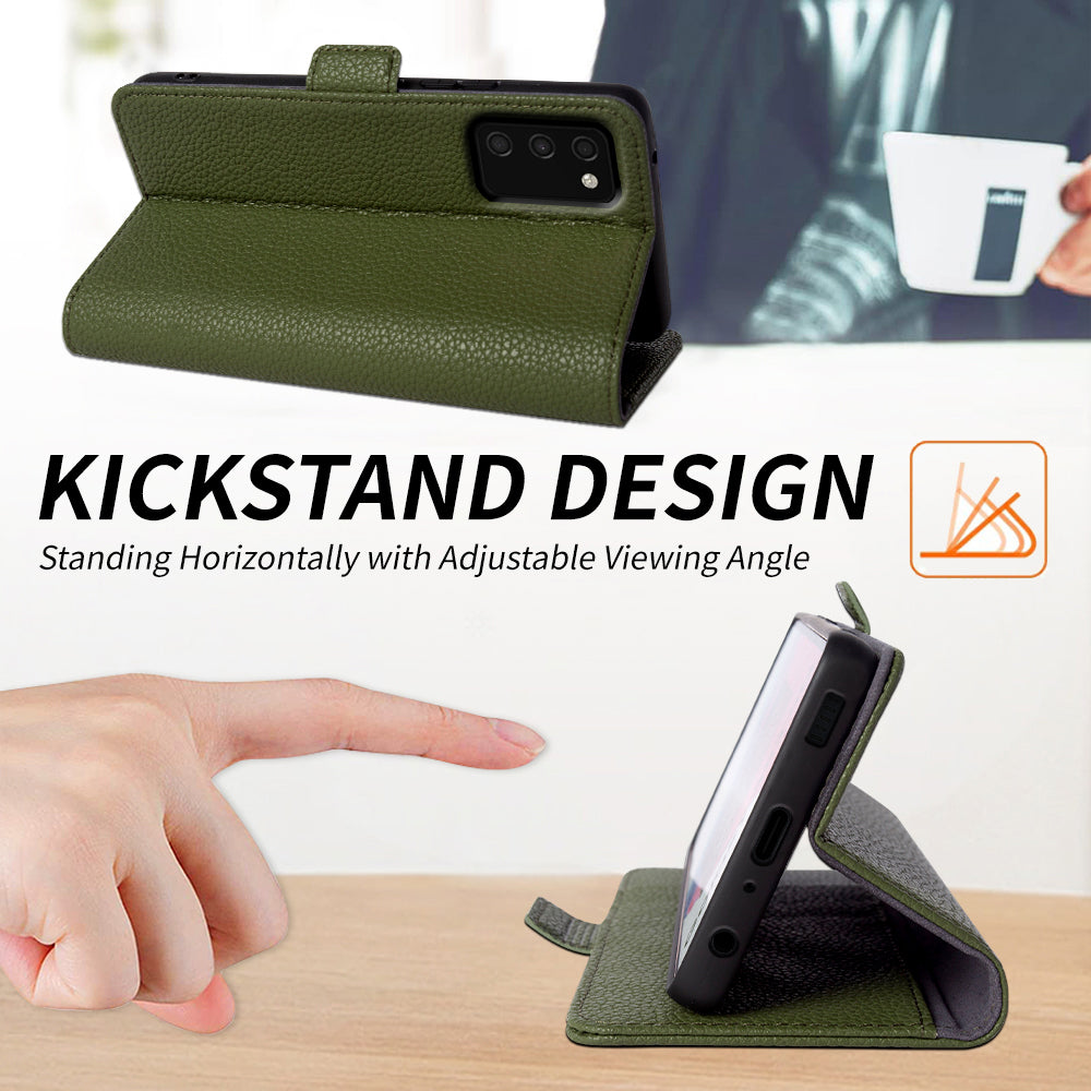 Litchi Texture Cover for Samsung Galaxy A03s (166.5 x 75.98 x 9.14mm) Wallet Stand Genuine Cow Leather TPU Phone Case