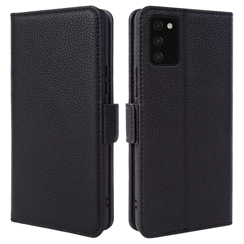 Litchi Texture Cover for Samsung Galaxy A03s (166.5 x 75.98 x 9.14mm) Wallet Stand Genuine Cow Leather TPU Phone Case