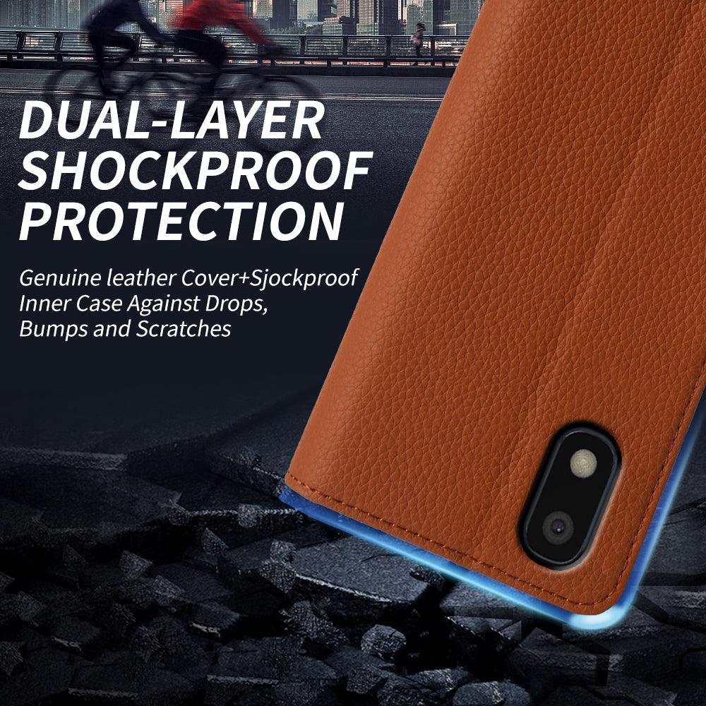 Protective Cover for Samsung Galaxy A10 Genuine Cow Leather TPU Litchi Texture Wallet Phone Stand Case