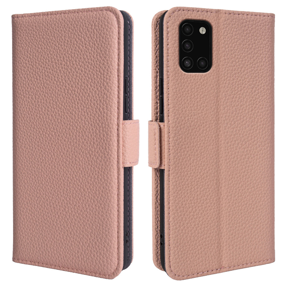 Til Samsung Galaxy A31 Pung Stand Cover Litchi Texture Ægte ko læder TPU telefoncover