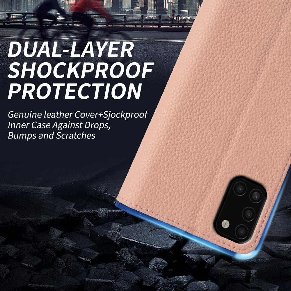 Til Samsung Galaxy A31 Pung Stand Cover Litchi Texture Ægte ko læder TPU telefoncover