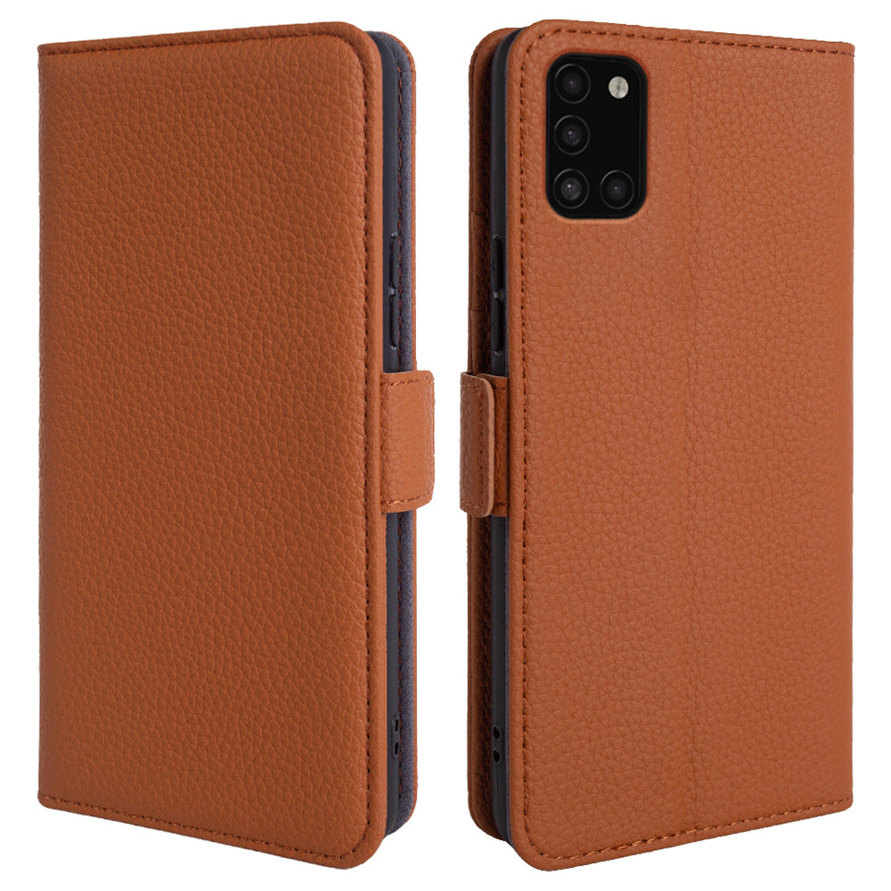 Til Samsung Galaxy A31 Pung Stand Cover Litchi Texture Ægte ko læder TPU telefoncover