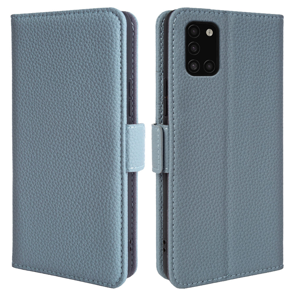 Til Samsung Galaxy A31 Pung Stand Cover Litchi Texture Ægte ko læder TPU telefoncover