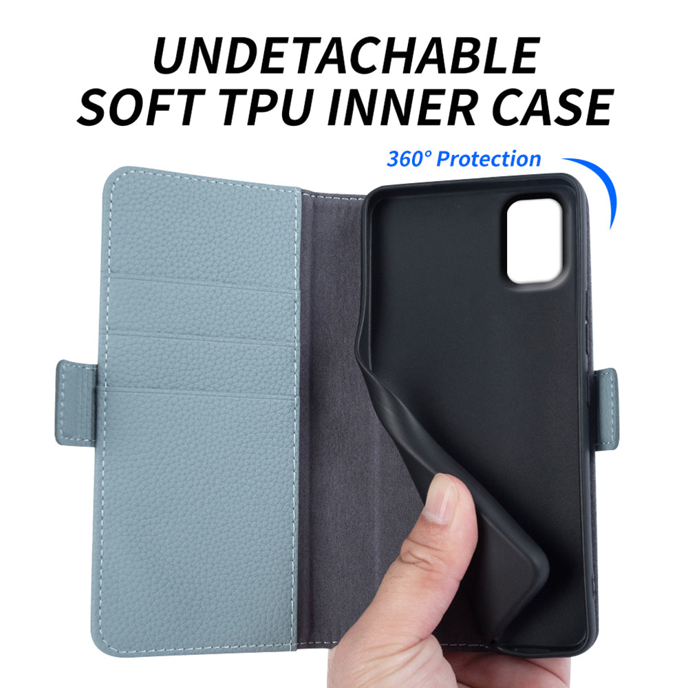 Til Samsung Galaxy A31 Pung Stand Cover Litchi Texture Ægte ko læder TPU telefoncover