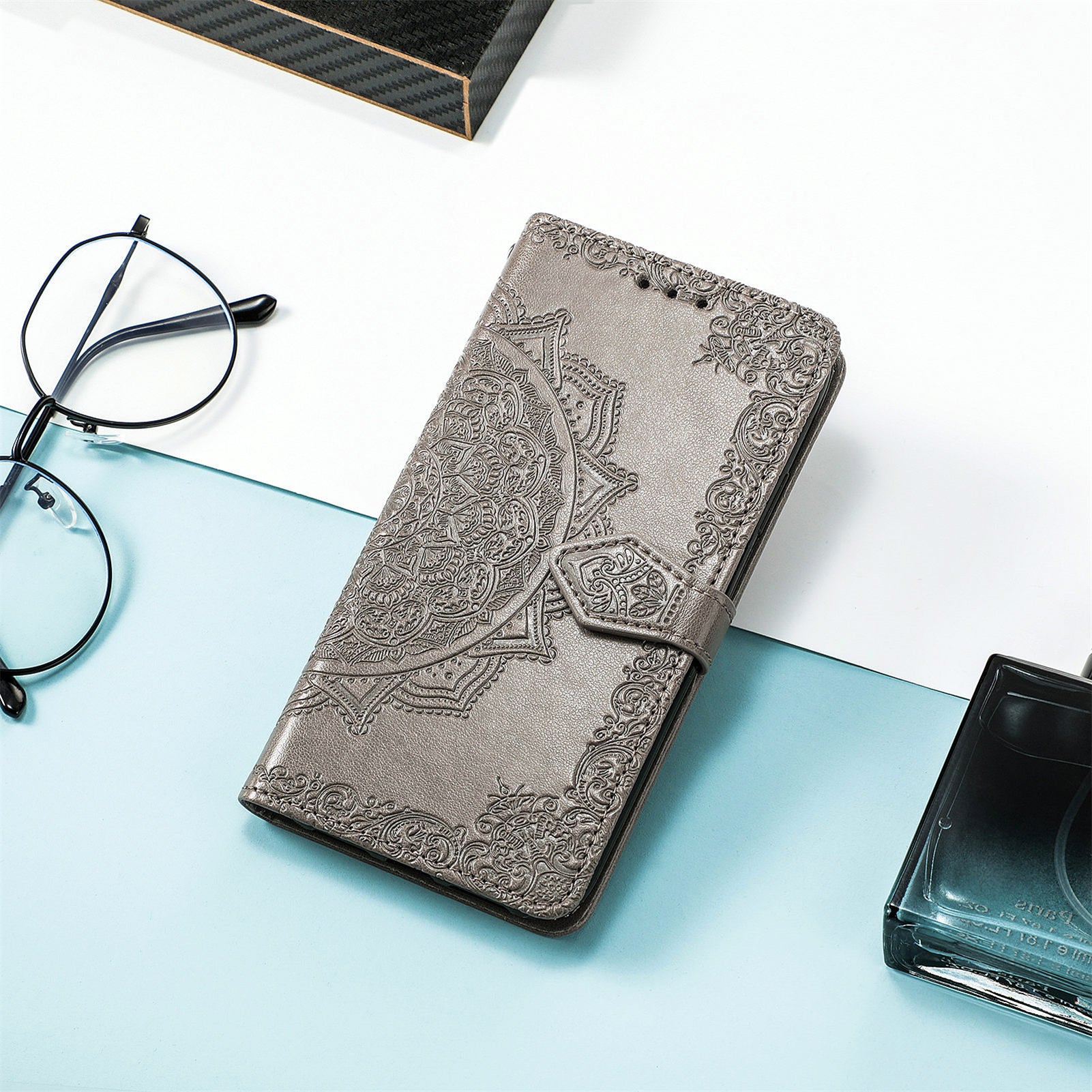 For Samsung Galaxy A34 5G Anti-Dust Wallet Phone Case PU Leather Stand Wallet Embossed Mandala Pattern Cover