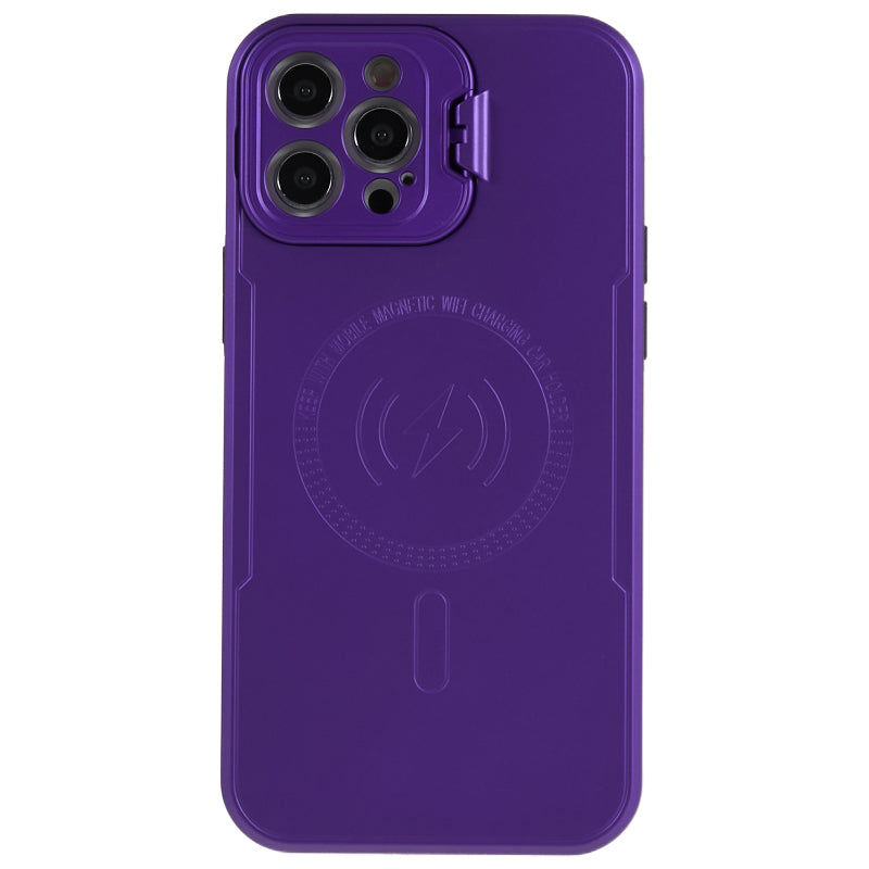 For iPhone 12 Pro Max 6.7 inch Lens Frame Kickstand Cover PC+TPU Drop-proof Phone Case Compatible with MagSafe