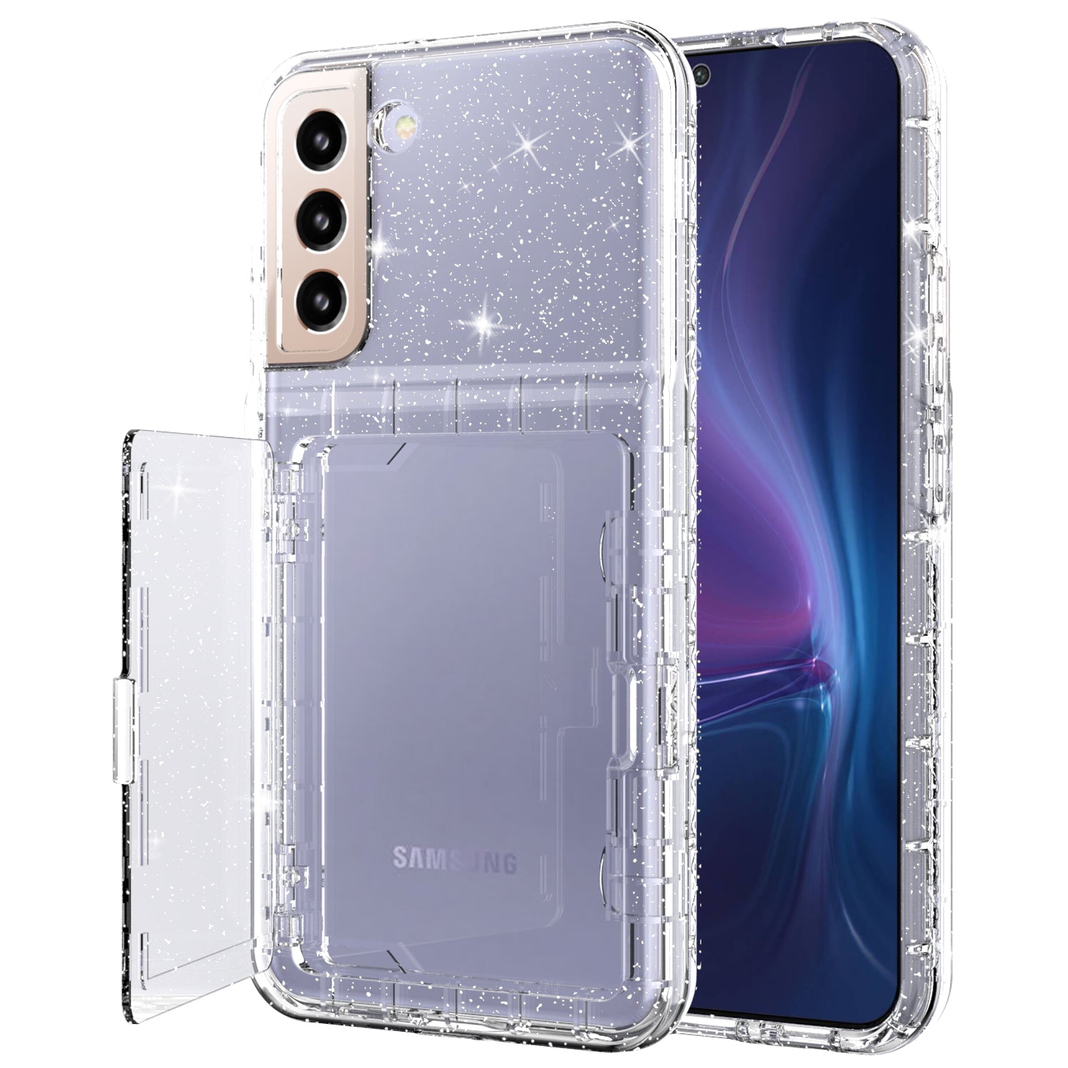 For Samsung Galaxy S22+ 5G Cardcase Series Kickstand Phone Case Thickened PC + TPU Glitter Card Slot Cover with Mirror - Transparent