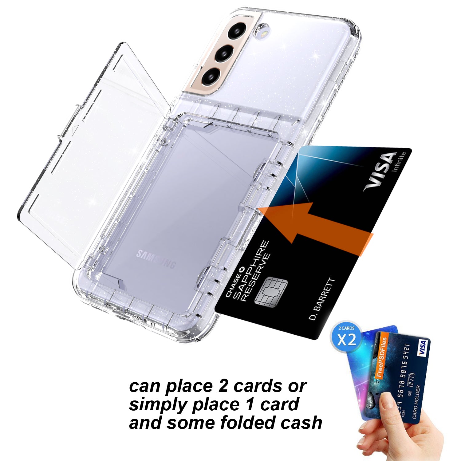 For Samsung Galaxy S22+ 5G Cardcase Series Kickstand Phone Case Thickened PC + TPU Glitter Card Slot Cover with Mirror - Transparent