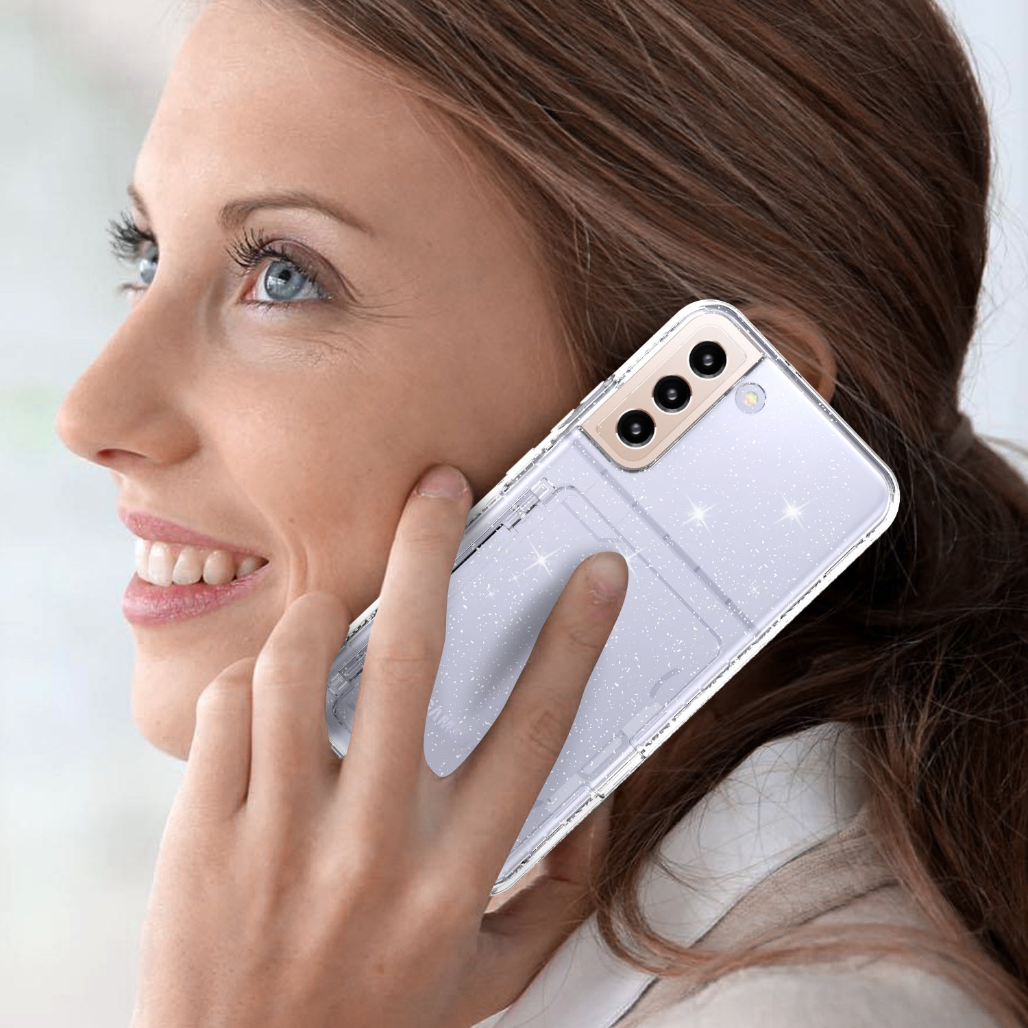 For Samsung Galaxy S22+ 5G Cardcase Series Kickstand Phone Case Thickened PC + TPU Glitter Card Slot Cover with Mirror - Transparent