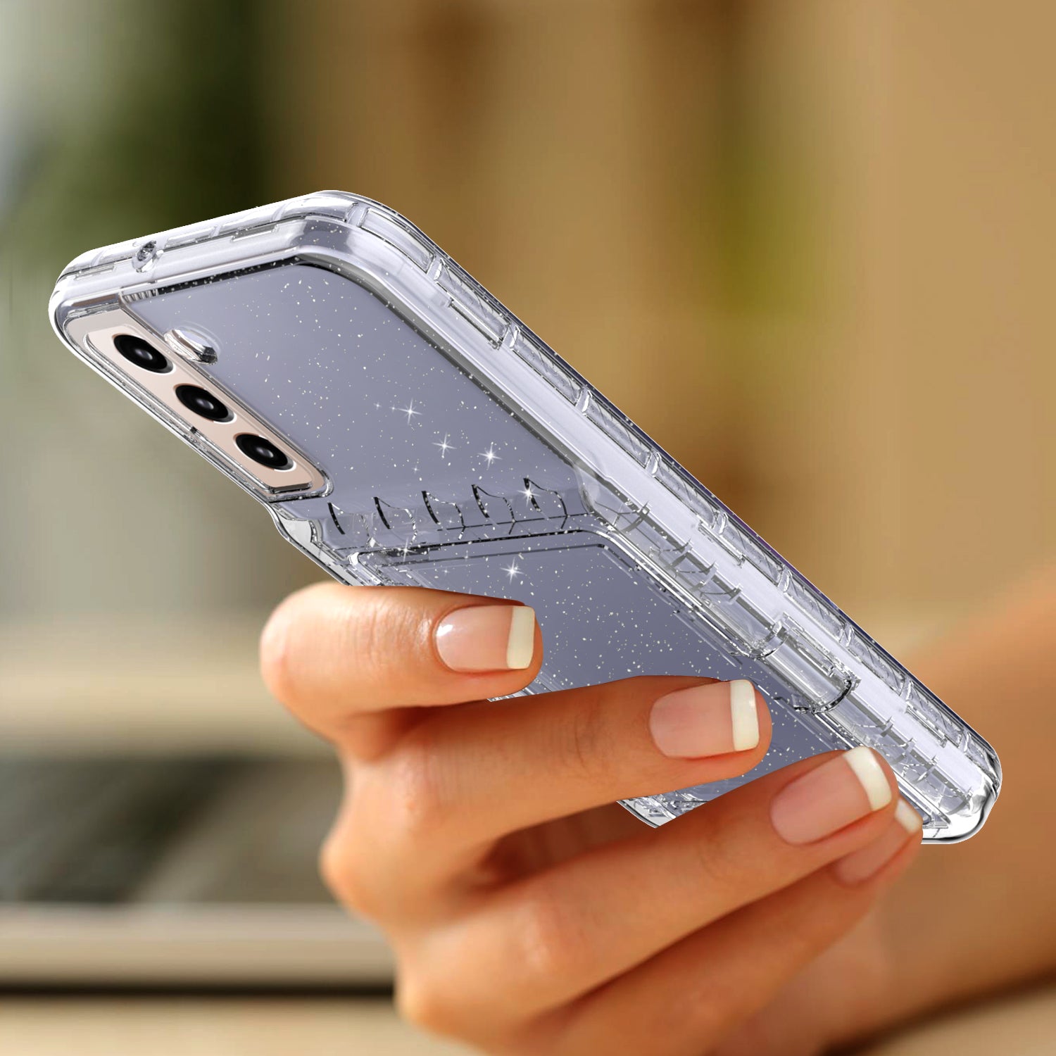 For Samsung Galaxy S22+ 5G Cardcase Series Kickstand Phone Case Thickened PC + TPU Glitter Card Slot Cover with Mirror - Transparent