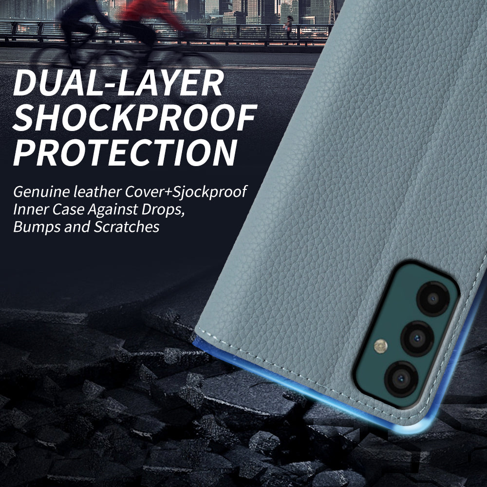 Litchi Texture Cover for Samsung Galaxy M23 5G / F23 5G Genuine Cow Leather TPU Wallet Stand Phone Case