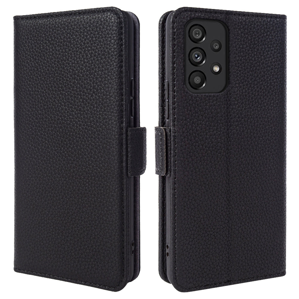 For Samsung Galaxy A73 5G Litchi Texture Genuine Cow Leather TPU Stand Wallet Magnetic Phone Case