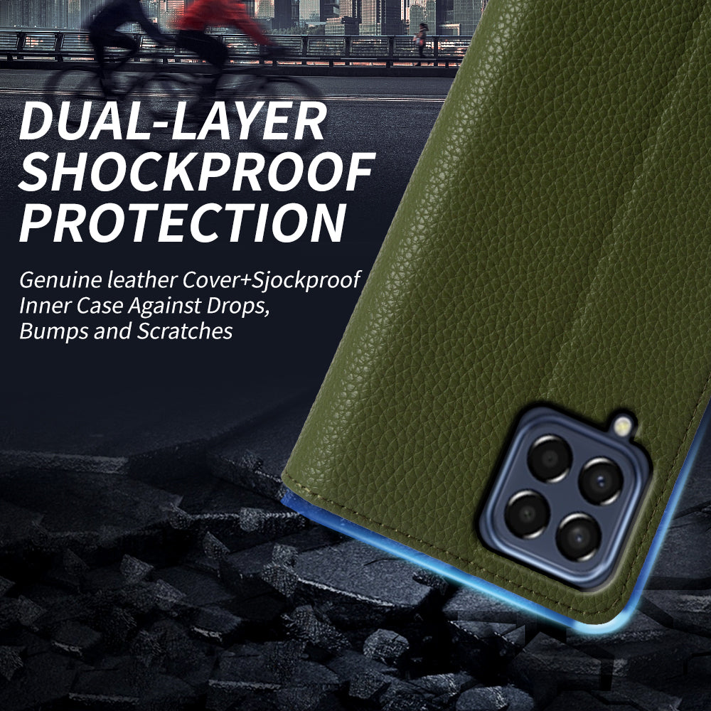 For Samsung Galaxy M33 5G (Global Version) Genuine Cow Leather Cover Litchi Texture Stand Wallet Magnetic Phone Case