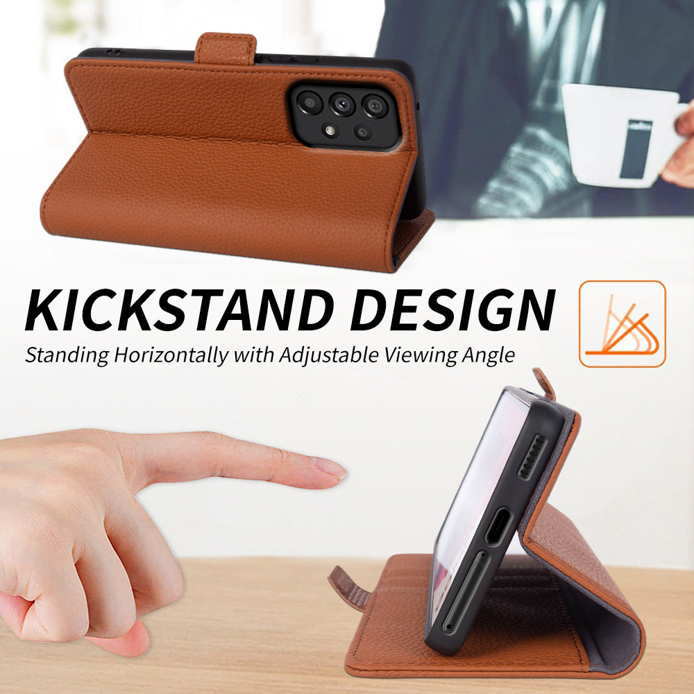 Genuine Cow Leather Cover for Samsung Galaxy A53 5G Litchi Texture Stand Wallet Phone Case