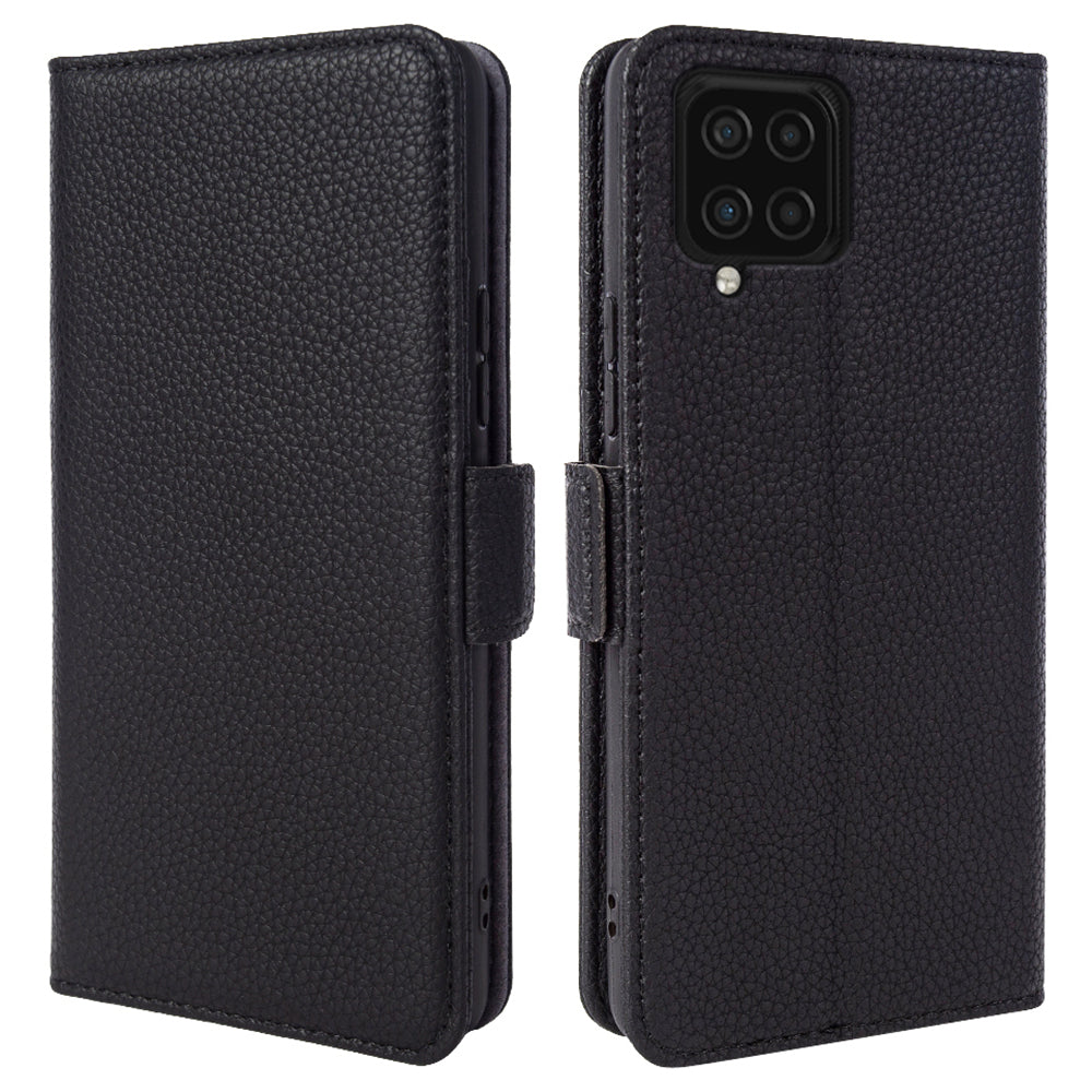 For Samsung Galaxy F22 Fall Proof Genuine Cow Leather Stand Cover Litchi Texture Wallet Phone Case