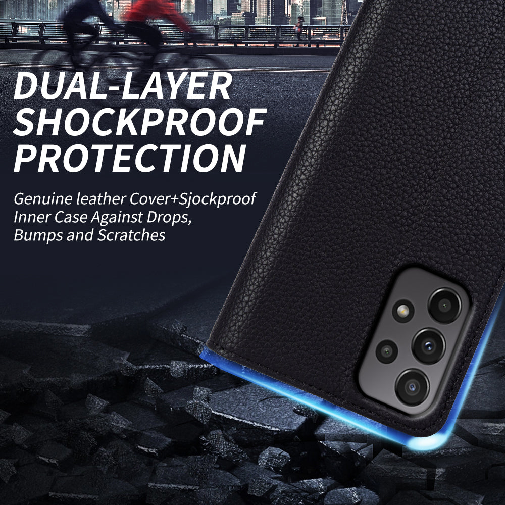 For Samsung Galaxy A72 4G / 5G Genuine Cow Leather Wallet Stand Cover Litchi Texture Phone Flip Case