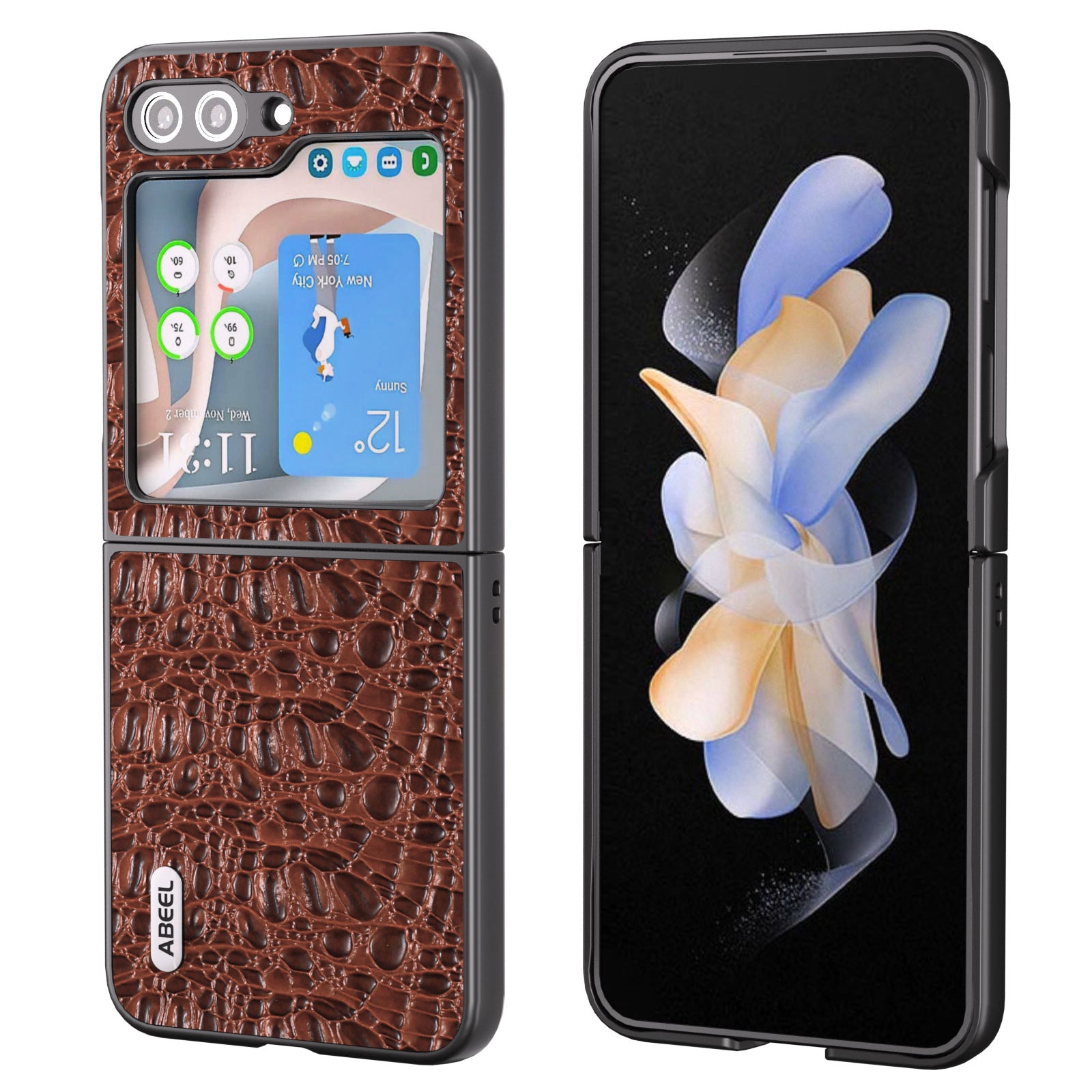 ABEEL For Samsung Galaxy Z Flip5 5G Genuine Cow Leather Coated PC Phone Case Textured Anti-Slip Cover