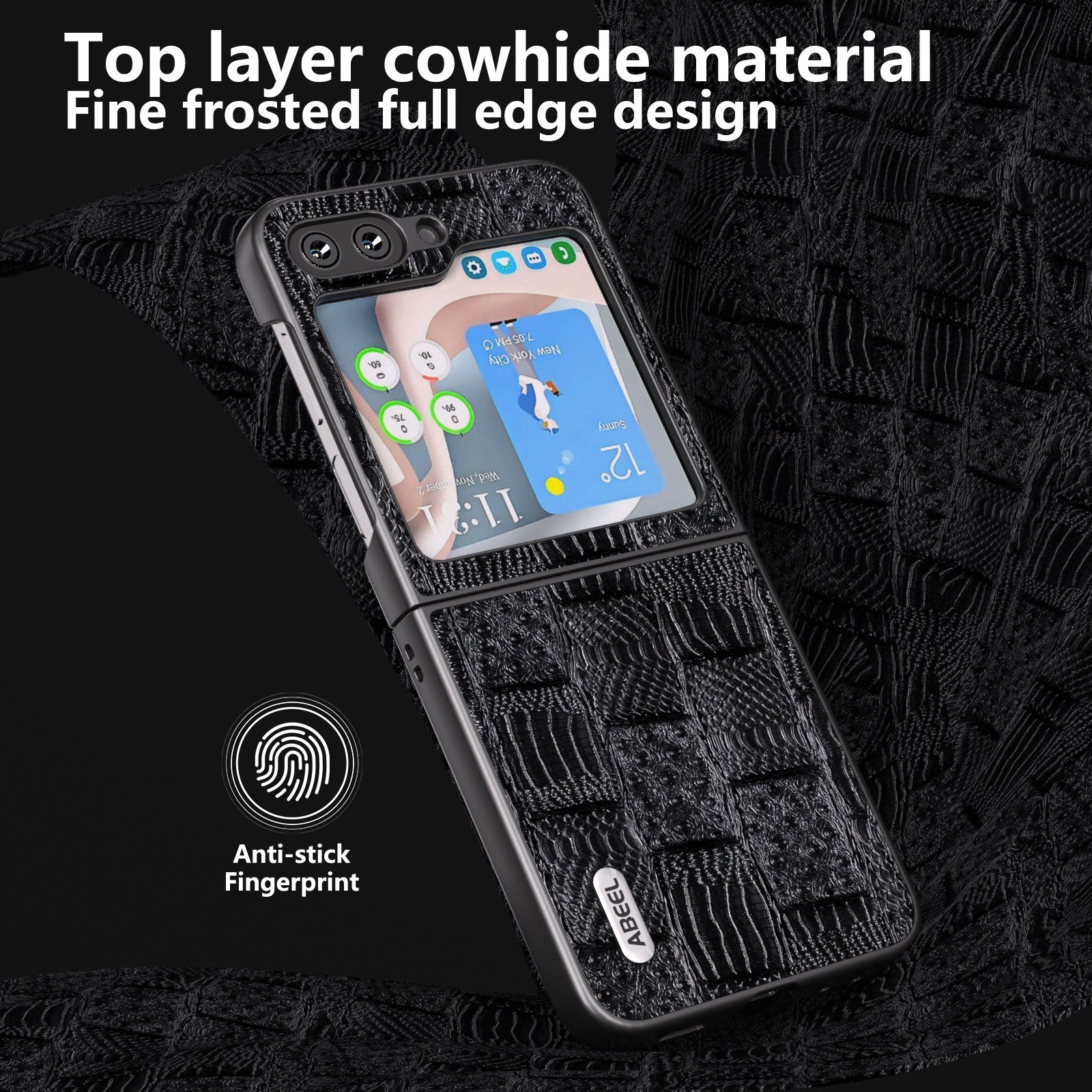 ABEEL til Samsung Galaxy Z Flip5 5G Mahjong Texture telefonetui Ægte ko læder belagt PC stødsikkert cover