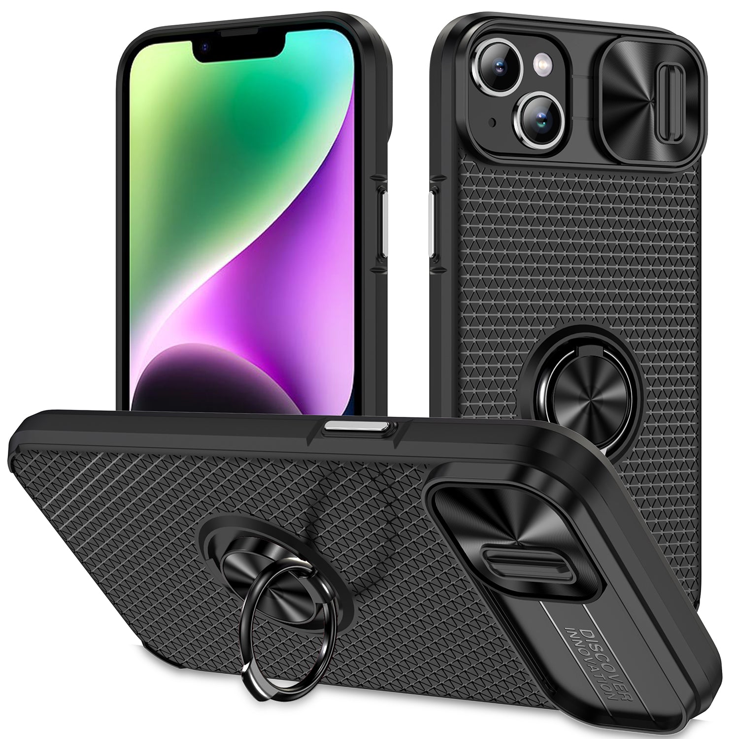 Til iPhone 13 14 PC+TPU Bagcover Ring Kickstand Telefonetui med skydekamera linsebeskytter