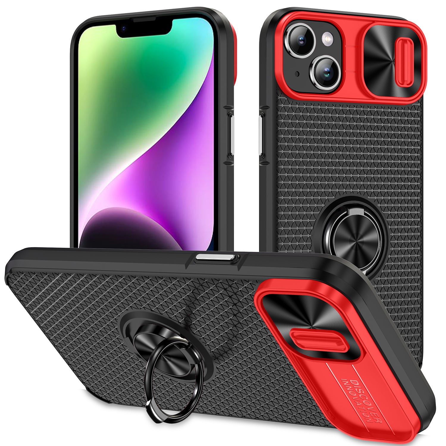 Til iPhone 13 14 PC+TPU Bagcover Ring Kickstand Telefonetui med skydekamera linsebeskytter