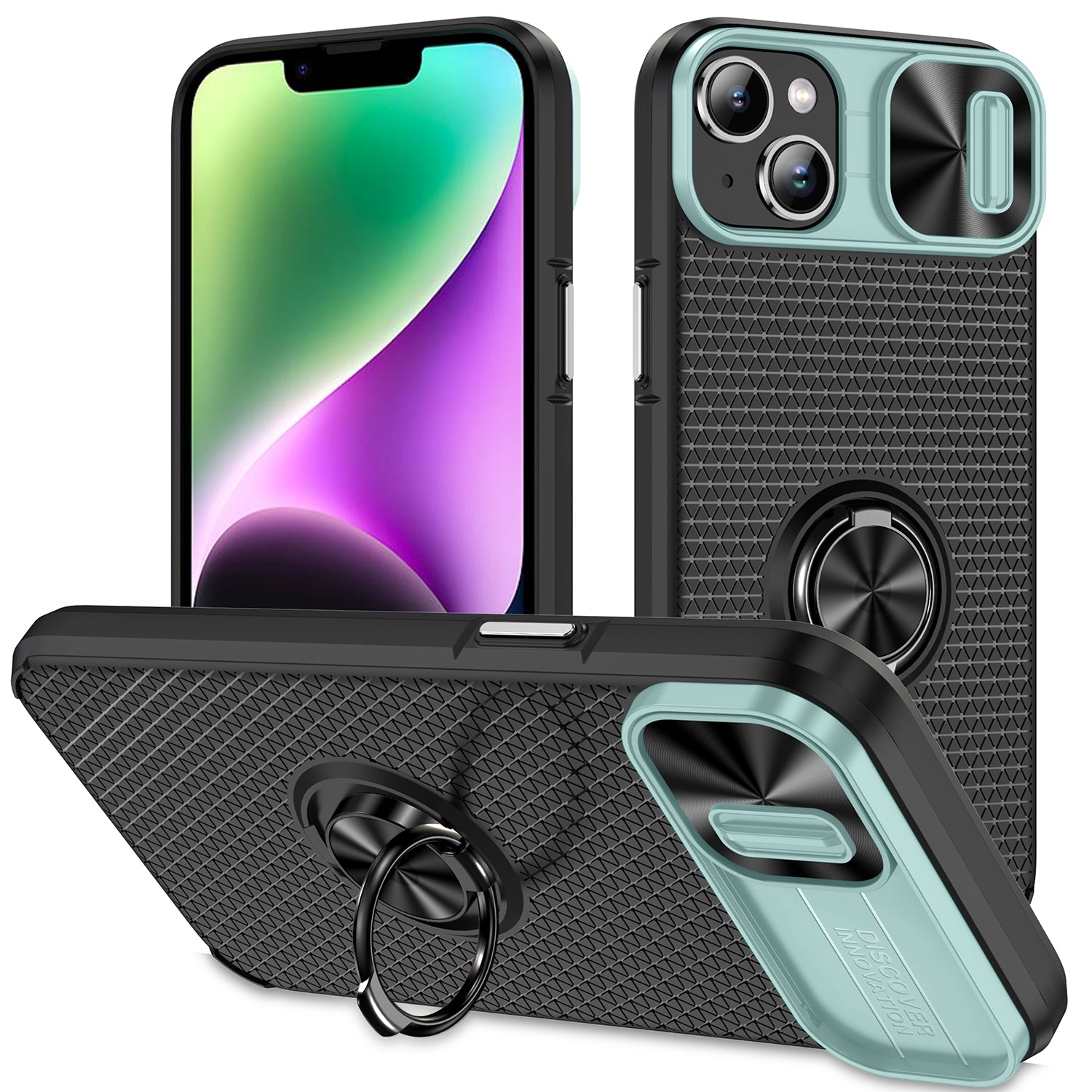 Til iPhone 13 14 PC+TPU Bagcover Ring Kickstand Telefonetui med skydekamera linsebeskytter