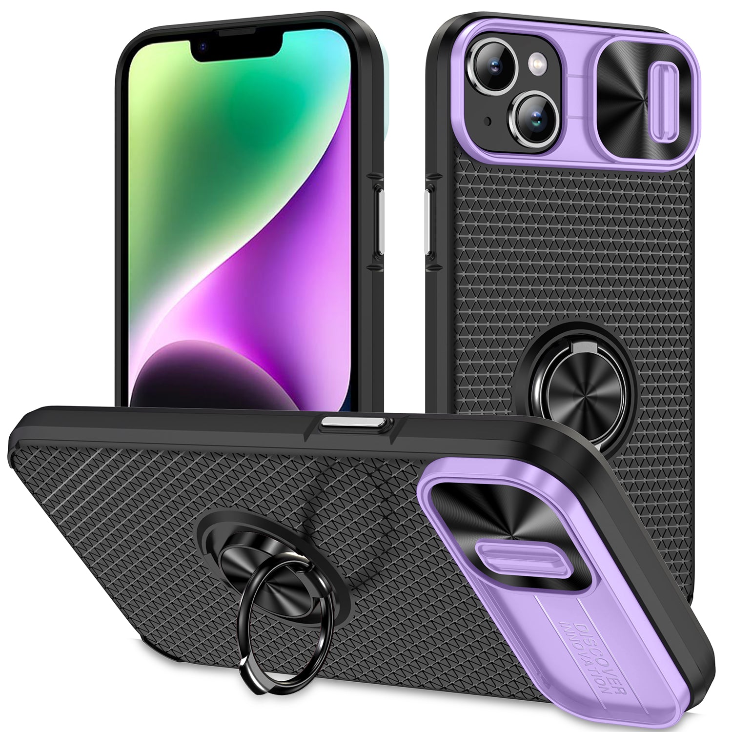 Til iPhone 13 14 PC+TPU Bagcover Ring Kickstand Telefonetui med skydekamera linsebeskytter