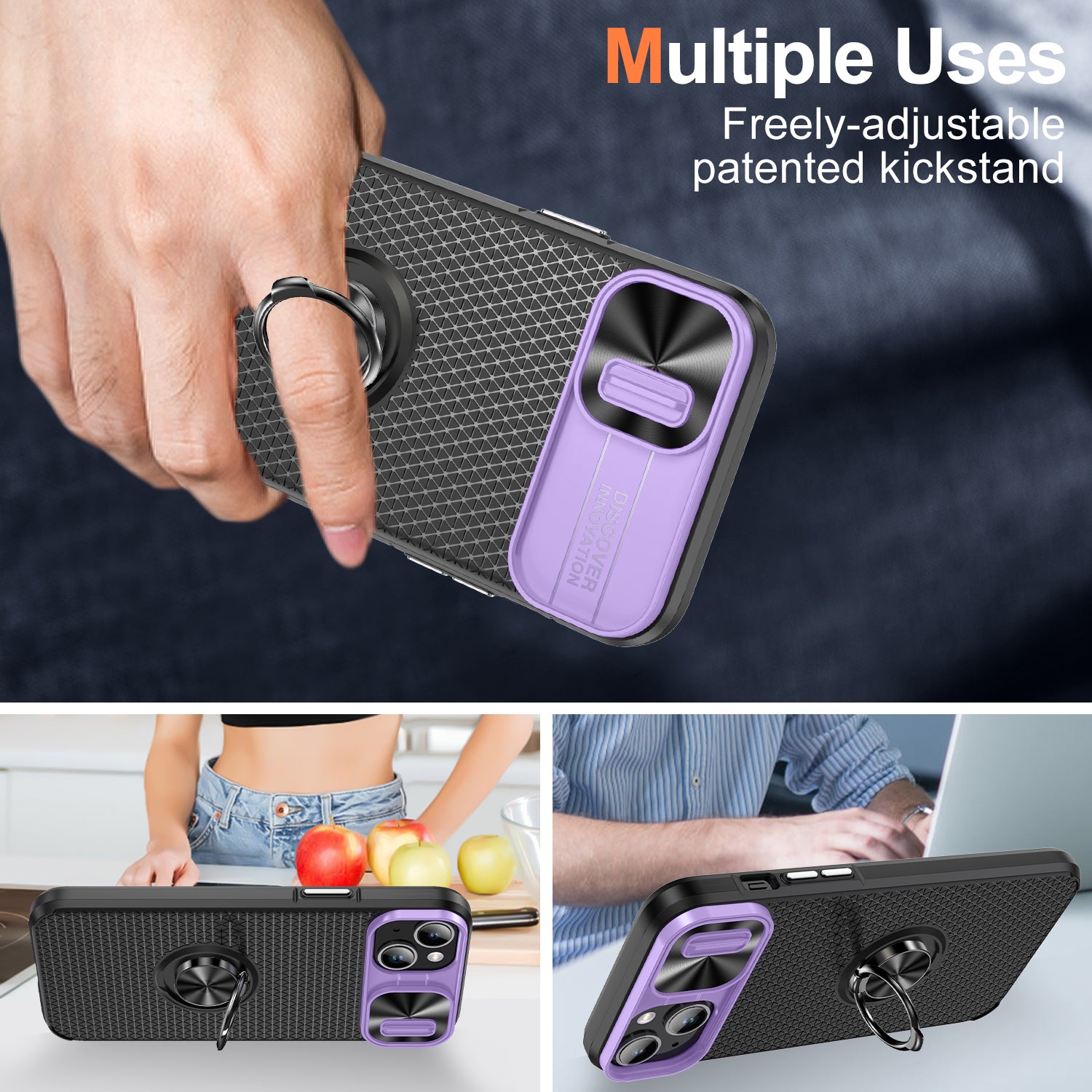 Til iPhone 13 14 PC+TPU Bagcover Ring Kickstand Telefonetui med skydekamera linsebeskytter