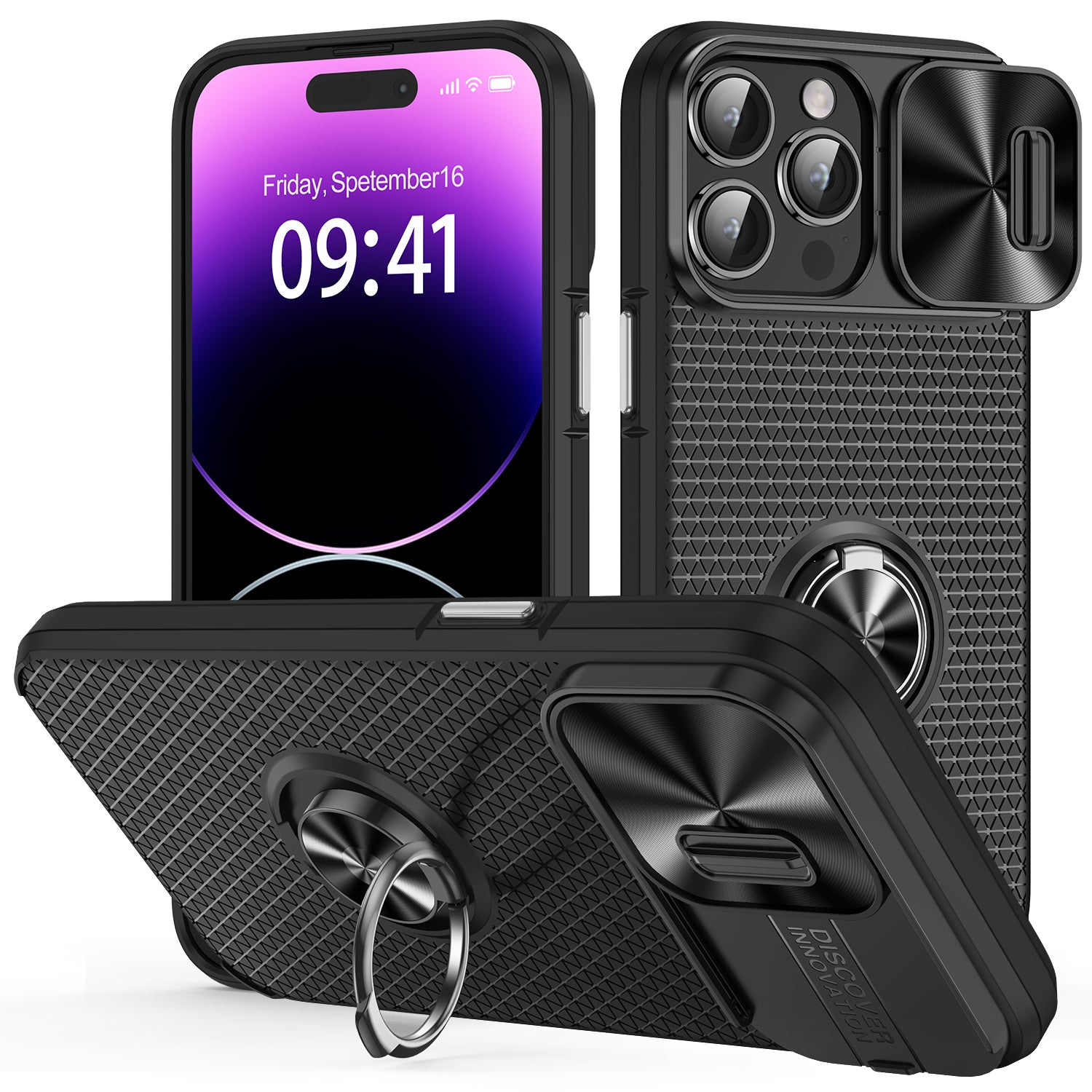 Back Cover for iPhone 14 Pro Ring Kickstand PC+TPU Phone Case with Slide Camera Lens Protector