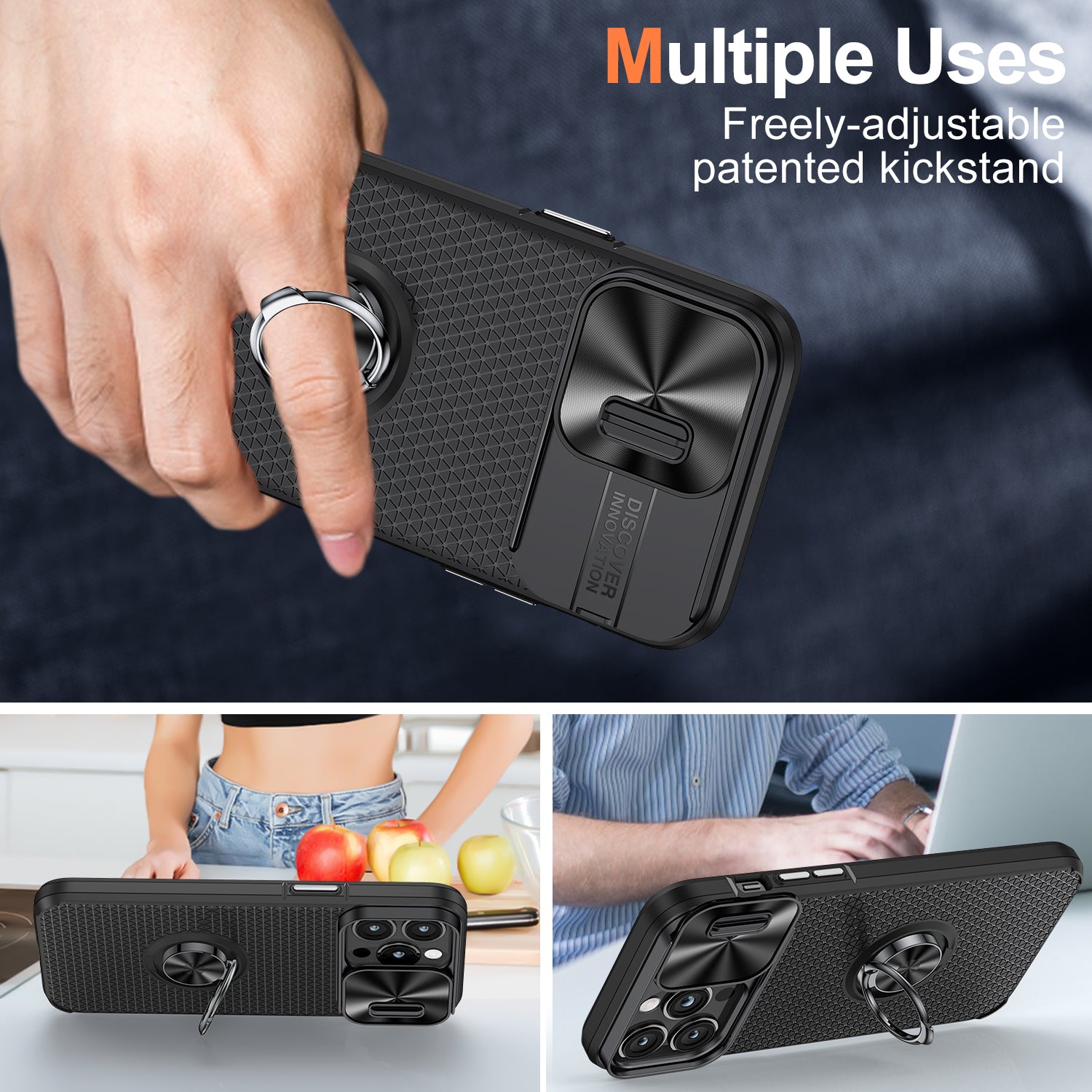 Back Cover for iPhone 14 Pro Ring Kickstand PC+TPU Phone Case with Slide Camera Lens Protector