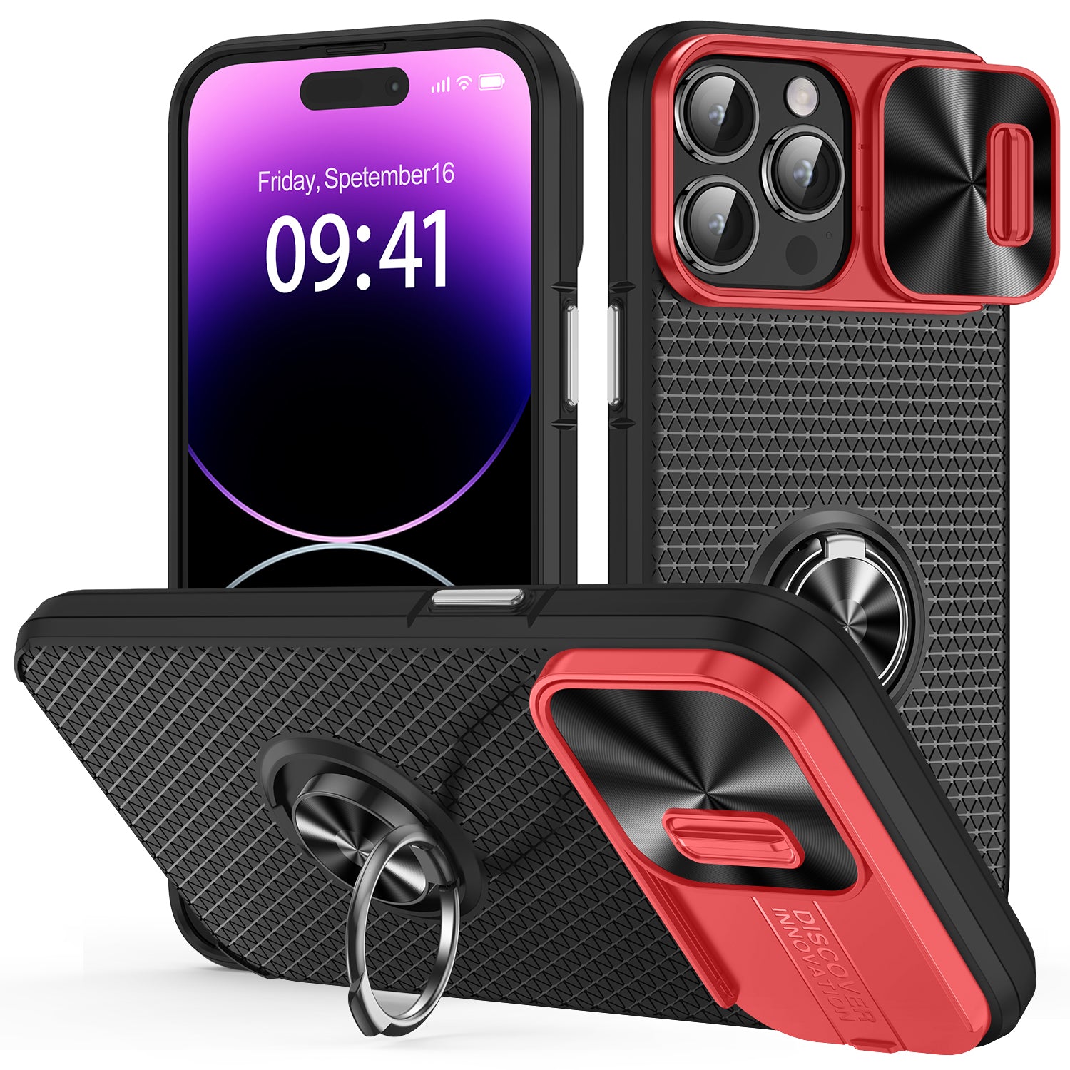 Back Cover for iPhone 14 Pro Ring Kickstand PC+TPU Phone Case with Slide Camera Lens Protector