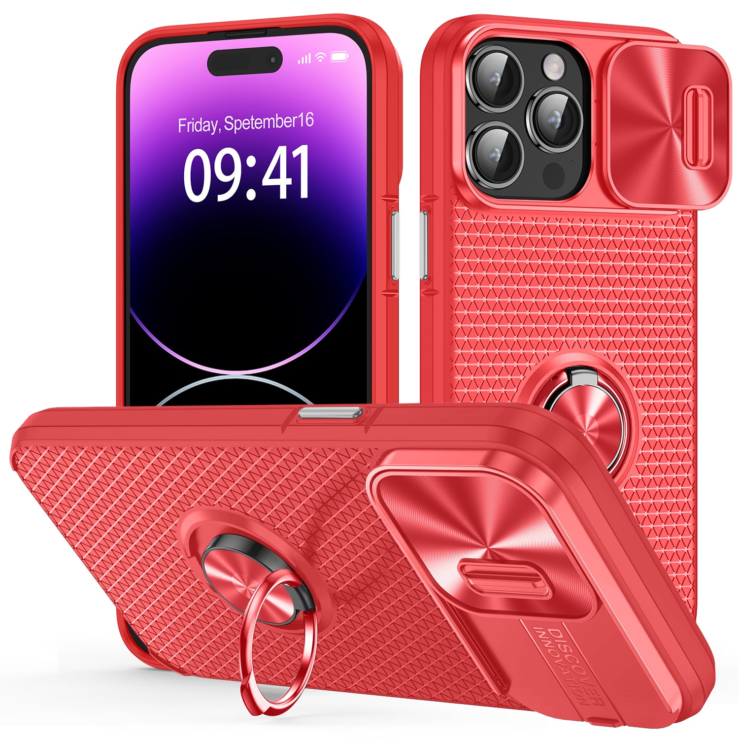 Back Cover for iPhone 14 Pro Ring Kickstand PC+TPU Phone Case with Slide Camera Lens Protector