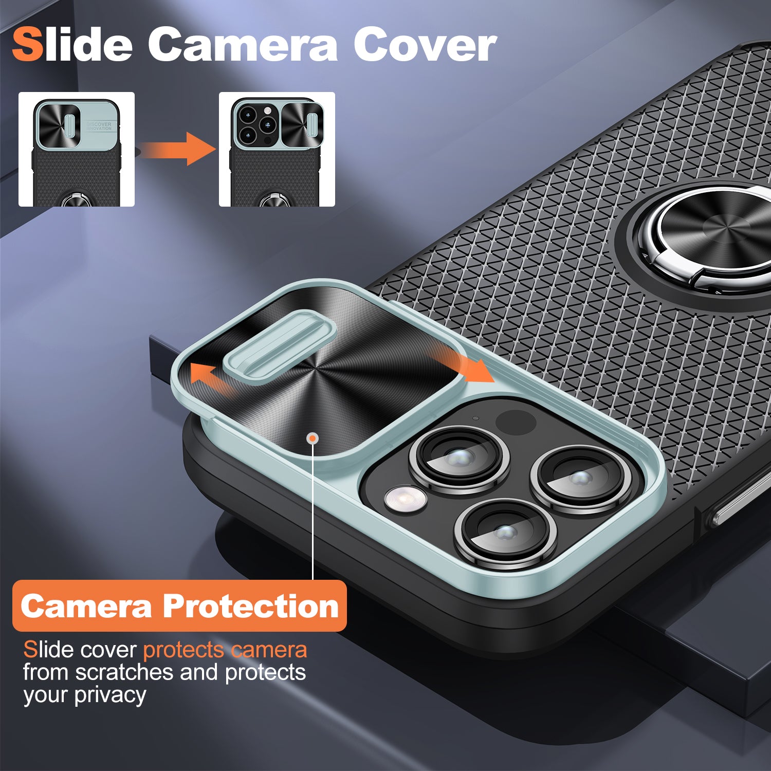 Back Cover for iPhone 14 Pro Ring Kickstand PC+TPU Phone Case with Slide Camera Lens Protector