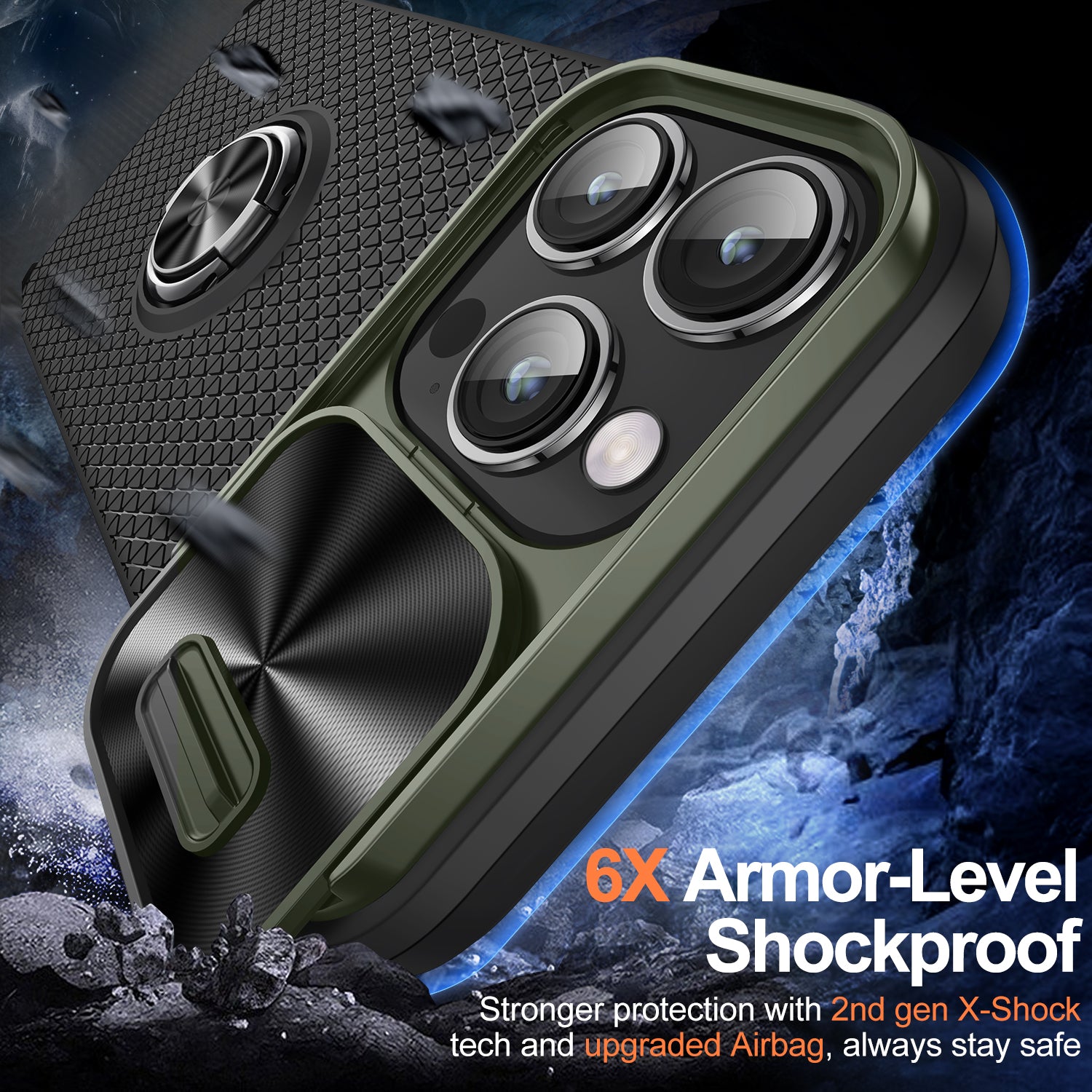 Back Cover for iPhone 14 Pro Ring Kickstand PC+TPU Phone Case with Slide Camera Lens Protector