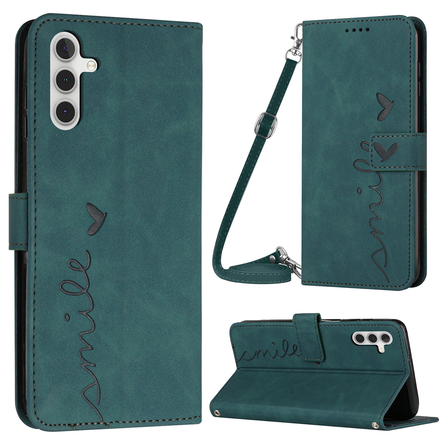 For Samsung Galaxy A24 4G PU Leather Stand Case Heart Shape Wallet Phone Cover with Shoulder Strap