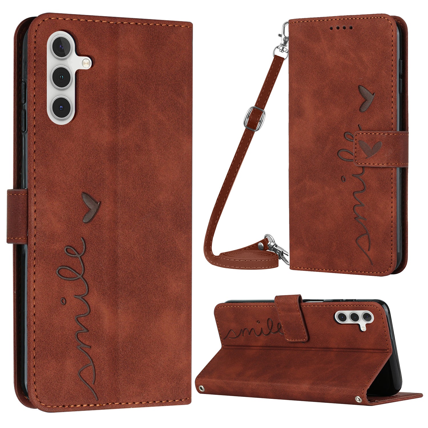 For Samsung Galaxy A24 4G PU Leather Stand Case Heart Shape Wallet Phone Cover with Shoulder Strap